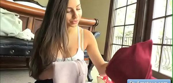  Amazing natural big tit brunette teen Nina prepare herself fr a masturbation session in her bed